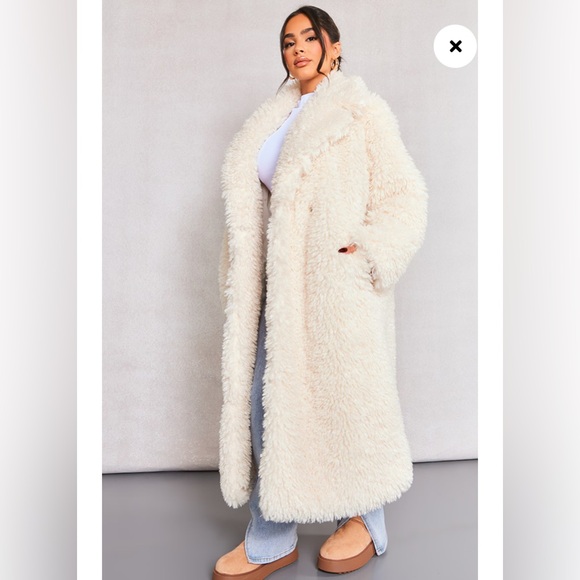 NWT PLT PRETTYLITTLETHING Soft Touch Longline Borg Coat Cream Size US 2 UK 6 - Picture 5 of 16